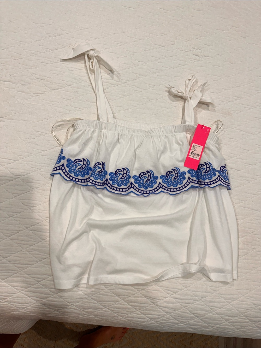 Lilly Pulitzer White Tank with Blue Floral Embroidery